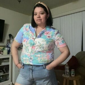 Alfred Dunner watercolor pastel Hawaiian button down 14P